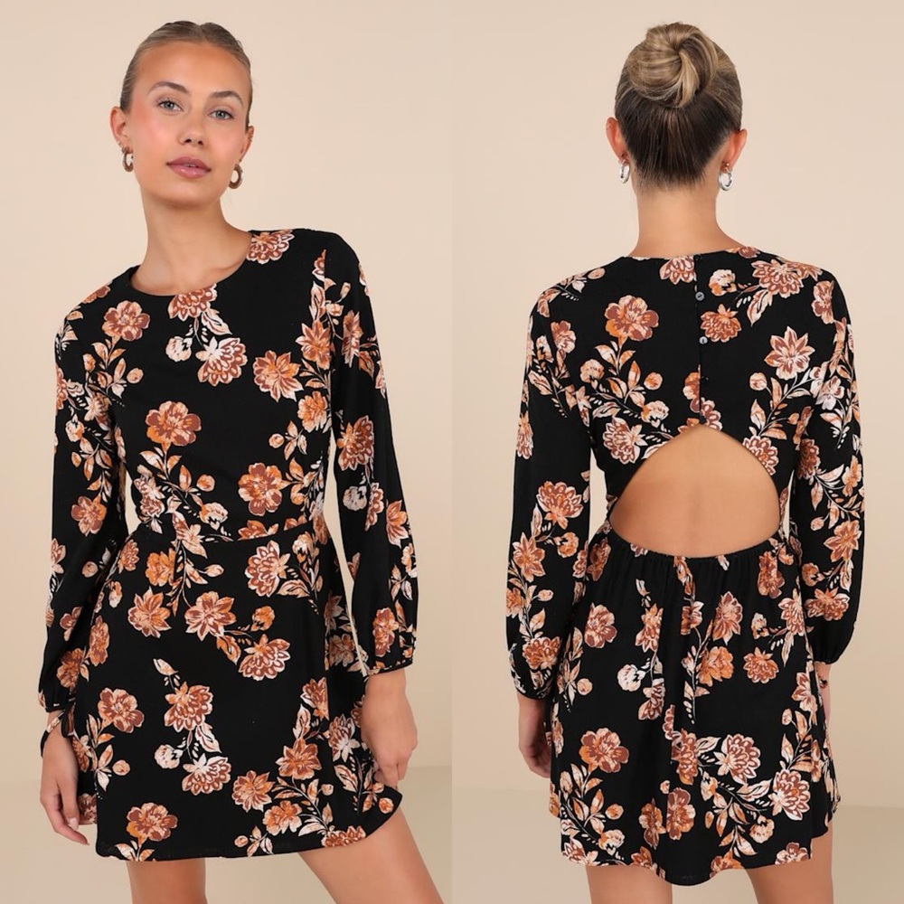Lulus | Darling Simplicity Black Floral Linen Cutout Mini Dress